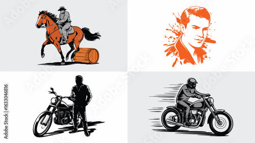 Art Montage Cowboy Horse, Man Portrait, Motorcyclists, Riders, Bikes, and Action Illustration