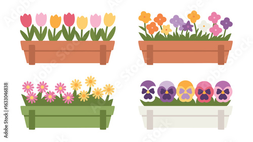 Assorted Flower Boxes Colorful Tulips, Pansies, and Daisies in Decorative Window Boxes for Spring