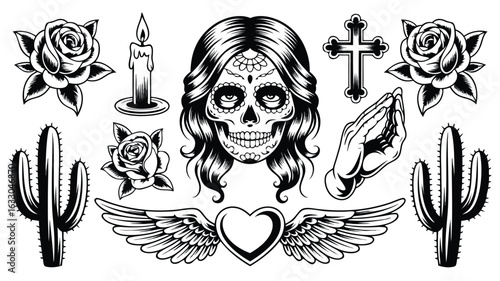 Black and White Day of the Dead Design with Roses, Cross, and Praying Hands