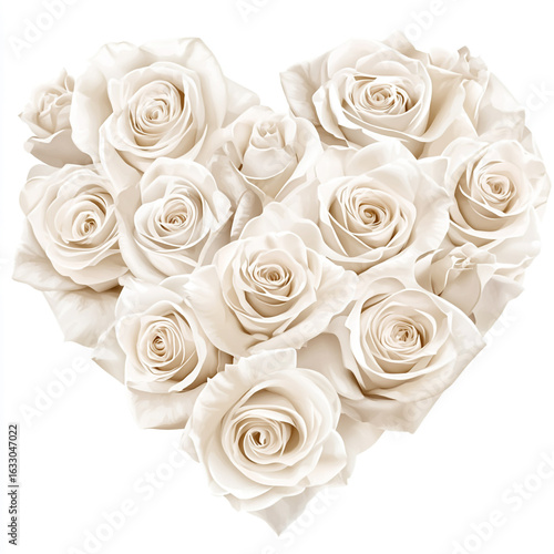 A close-up image shows a beautiful heart shape made of many different sized white roses, creating a texture against a light, neutral background.