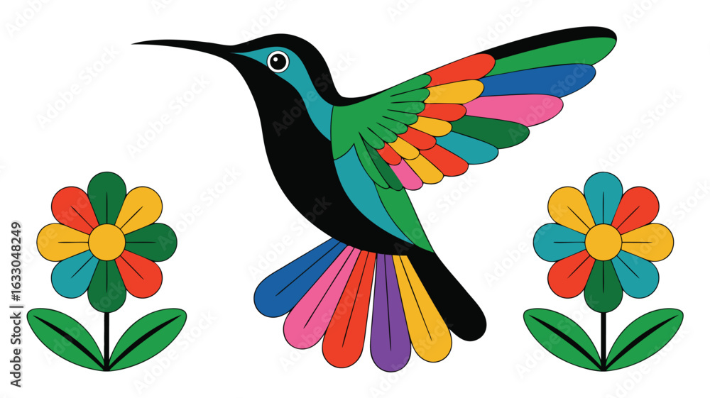 Obraz premium Colorful Cartoon Hummingbird Flying Between Two Flowers, Isolated on a White Background