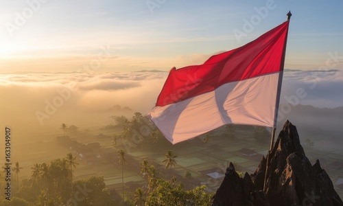 National flag waving over sunrise landscape