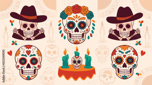 Colorful Day of the Dead Skull Illustration with Flowers, Candles, and Festive Decorations
