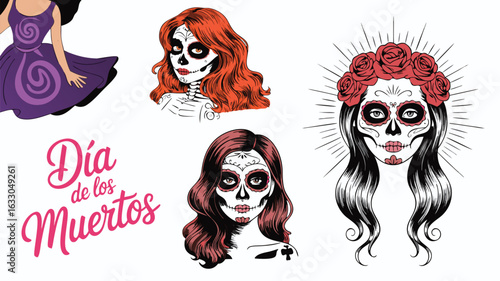 Colorful Day of the Dead Sugar Skull Makeup Illustrations with Dia de Muertos Text