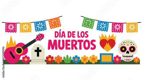 Colorful Día de los Muertos Illustration Featuring Skull, Guitar, Tombstone, Banners, Flowers, and Heart