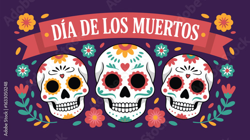 Colorful Día de los Muertos Illustration with Sugar Skulls, Flowers, and Banner Design