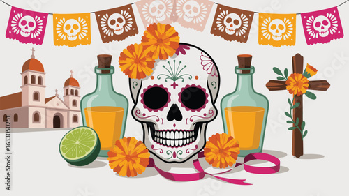 Colorful Dia de los Muertos Still Life Skull, Offerings, Banners, Church, and Wooden Cross