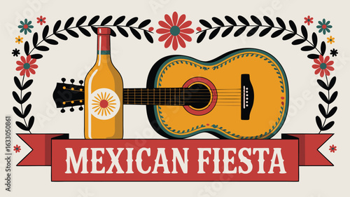 Colorful Mexican Fiesta Illustration Featuring Guitar, Beer Bottle, Floral Garland, and Festive Banner