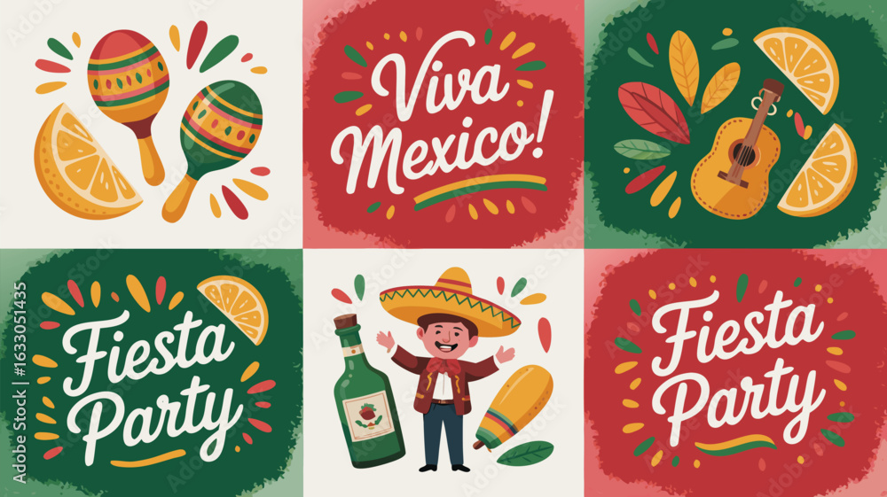 Naklejka premium Colorful Viva Mexico Fiesta Party Collage with Maracas, Guitar, Sombrero, and Celebration Elements