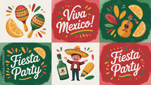 Colorful Viva Mexico Fiesta Party Collage with Maracas, Guitar, Sombrero, and Celebration Elements
