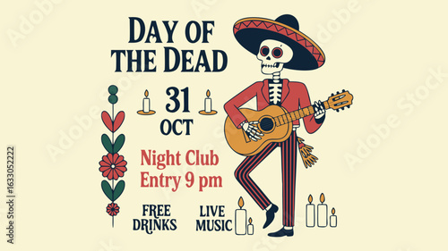 Day of the Dead Night Club Event with Skeleton Guitarist, October 31st Celebration