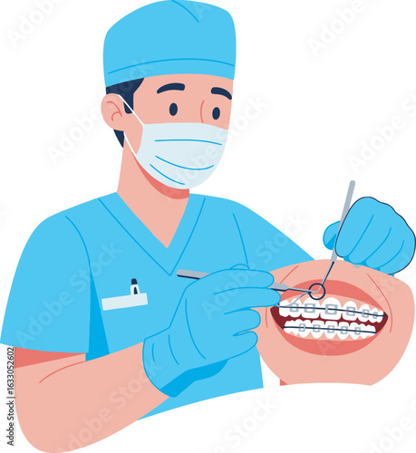 Male orthodontist in blue scrubs and mask inspecting a patients metal braces.