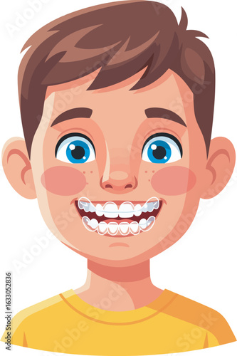 Happy cartoon boy with blue eyes and freckles smiling with clear dental braces Vector illustration of a childs face with a wide grin and brown hair.