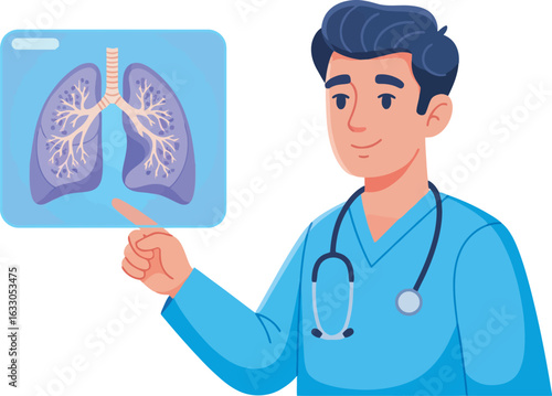Illustrated male doctor in blue scrubs with a stethoscope smiling and pointing at a lung scan.