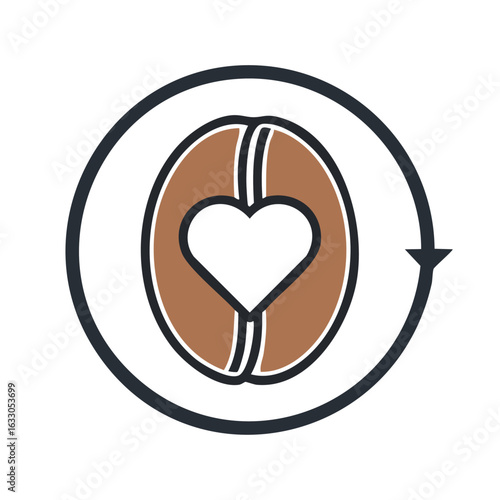 Coffee bean with a heart inside, surrounded by a circular arrow, representing love for coffee.