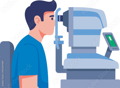 Young man in profile having his vision tested with an ophthalmic autorefractor machine.