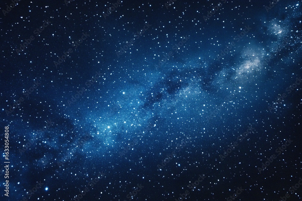 Fototapeta premium Starry sky background, blue night sky full of stars, glowing stars in the dark space, starry background, dark night, stars in the distance, starlight, dark background with a blue glow, night sky. 