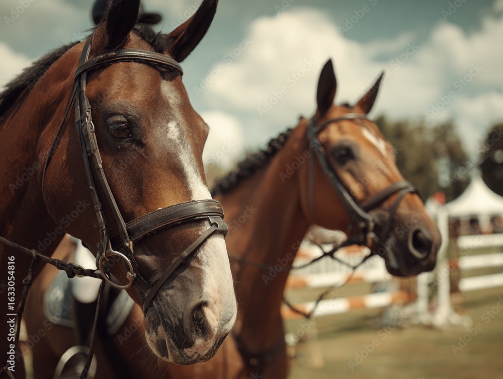 Fototapeta premium Close-Up of Elegant Racehorses with Bridles in Sunlight