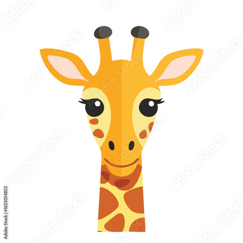 A close-up illustration of a cute giraffe's head with a smiling expression and spotted fur.