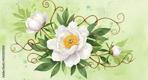 Light Green Background with Central White Peony and Vintage Scroll Patterns