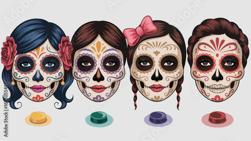 Four Calavera Skulls with Hair and Bows Decorated for Dia de los Muertos