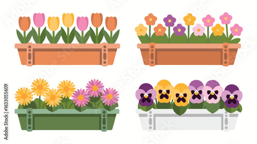 Four Colorful Flower Boxes Tulips, Daisies, Pansies, and Assorted Blooms in Planters