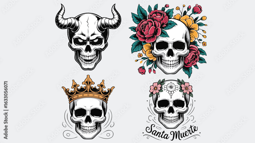 Fototapeta premium Four Skull Illustrations Horned Devil, Floral Crown, Royal Crown, and Santa Muerte Art