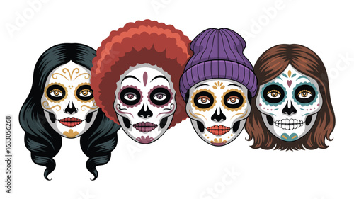 Four Sugar Skull Faces with Varied Hairstyles and Headwear, Halloween Dia de Los Muertos
