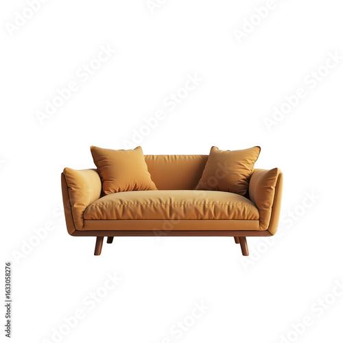 A mustard-colored couch against a black background.