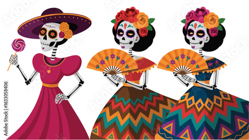 Three Catrinas in Colorful Dresses with Fans, Lollipop, and Floral Headdresses Celebrate Dia de Muertos