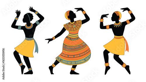 Three Dancers in Traditional African Clothing, Silhouetted on White Background, Performing Dance Rituals