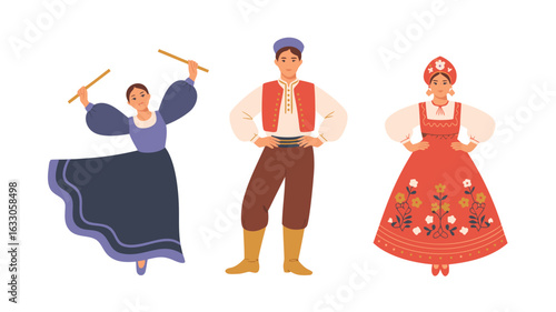 Three Individuals in Traditional Folk Costumes Dancer with Sticks, Man, and Floral Dress