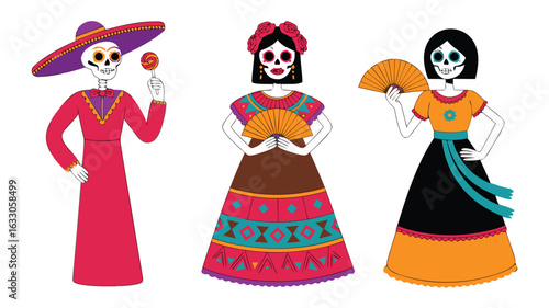 Three Skeleton Women Celebrating Día de Muertos in Festive Dresses and Makeup