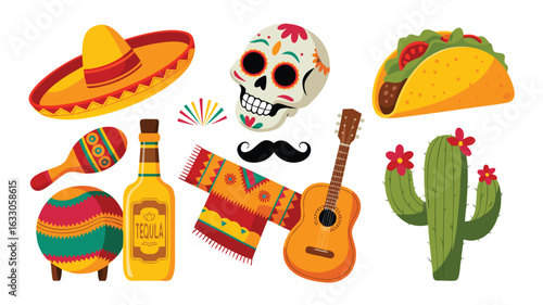 Vibrant Cartoon Mexican Fiesta Icons Sombrero, Skull, Guitar, Tequila, Cactus, Taco, and Serape
