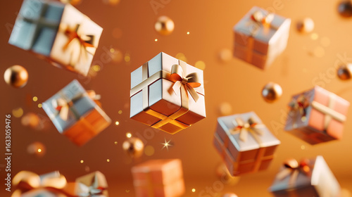 Festive orange presents float with gold accents. Creates bokeh effect. Ideal for holiday branding, marketing, or social media graphics.