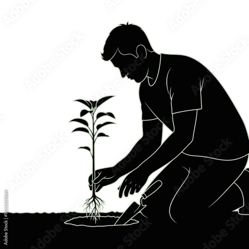 A silhouette of a person kneeling on the ground, carefully planting a young sapling with a trowel.