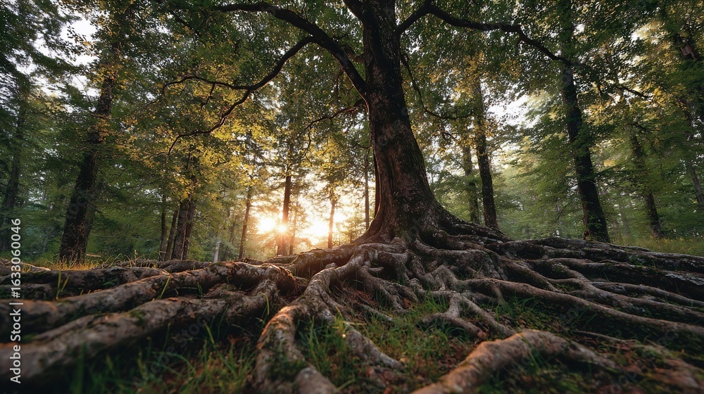 Obraz premium Sunlight filters through a forest canopy, illuminating expansive tree roots