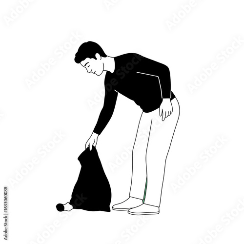 A minimalist black and white illustration of a man bending down to pick up a full garbage bag.