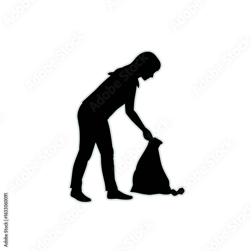 A black silhouette of a person bending down to collect litter from the ground into a garbage bag.