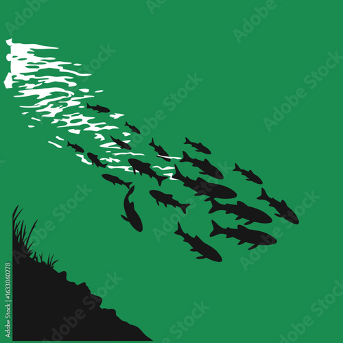 A school of fish silhouettes swimming in formation underwater, past a grassy bank.
