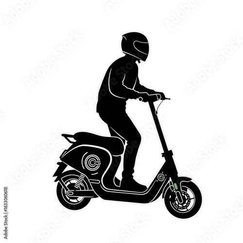 A black silhouette of a person wearing a helmet while riding a modern electric scooter with a seat.