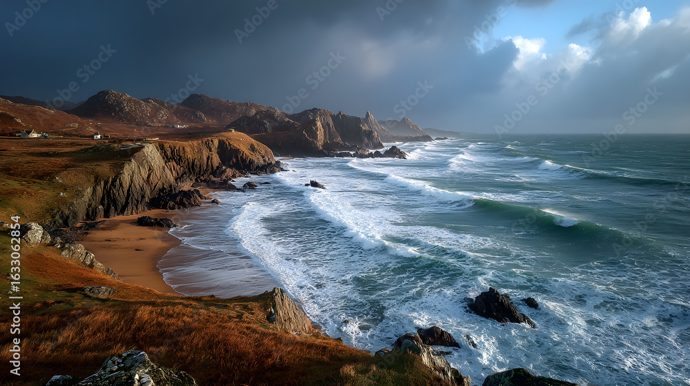 Fototapeta premium Stormy coastal panorama whispers tales of ancient shipwrecks, rugged Celtic retreat, Imbolc musings, gray waves caress amber sands