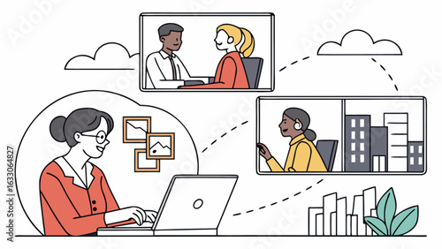 Remote work virtual meeting online collaboration video conference call from home office illustration