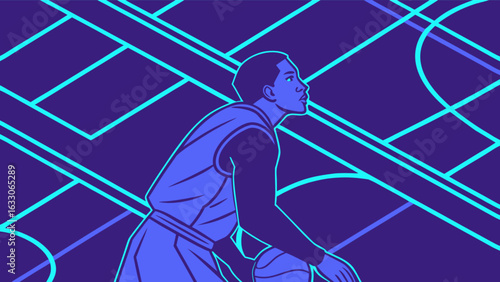 Basketball player dribbling ball on court illustration for sports and athletic training and competition design