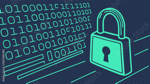 Cybersecurity data protection with binary code and padlock for secure online access and data privacy protection