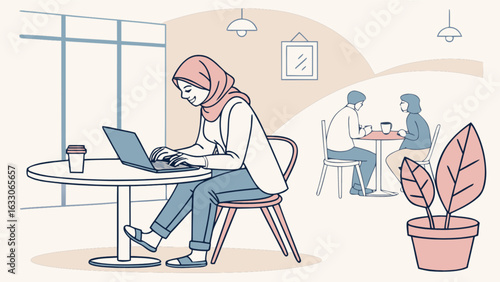 Hijab woman working remotely on laptop in cafe illustration for digital nomad and freelance lifestyle