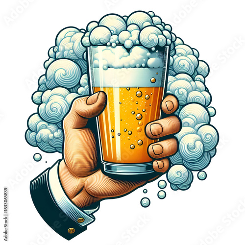 Hand holding a full glass of foamy beer isolate on White background