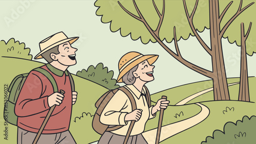Couple hiking outdoors enjoying nature scenic trail with backpacks and walking sticks in the forest scene
