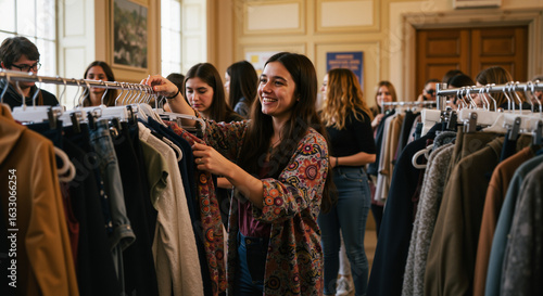 Young adults explore sustainable fashion choices at a community clothing swap event promoting environmental responsibility and mindful consumption practices for a greener future