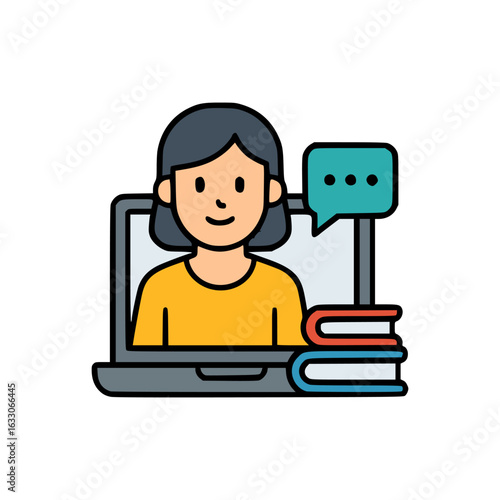 Student girl inside laptop monitor with speech bubble and books, representing virtual learning and digital communication